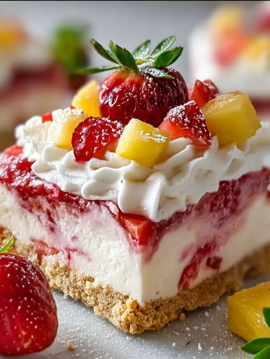 Ein Stück Kuchen mit Erdbeeren und Ananas obendrauf.