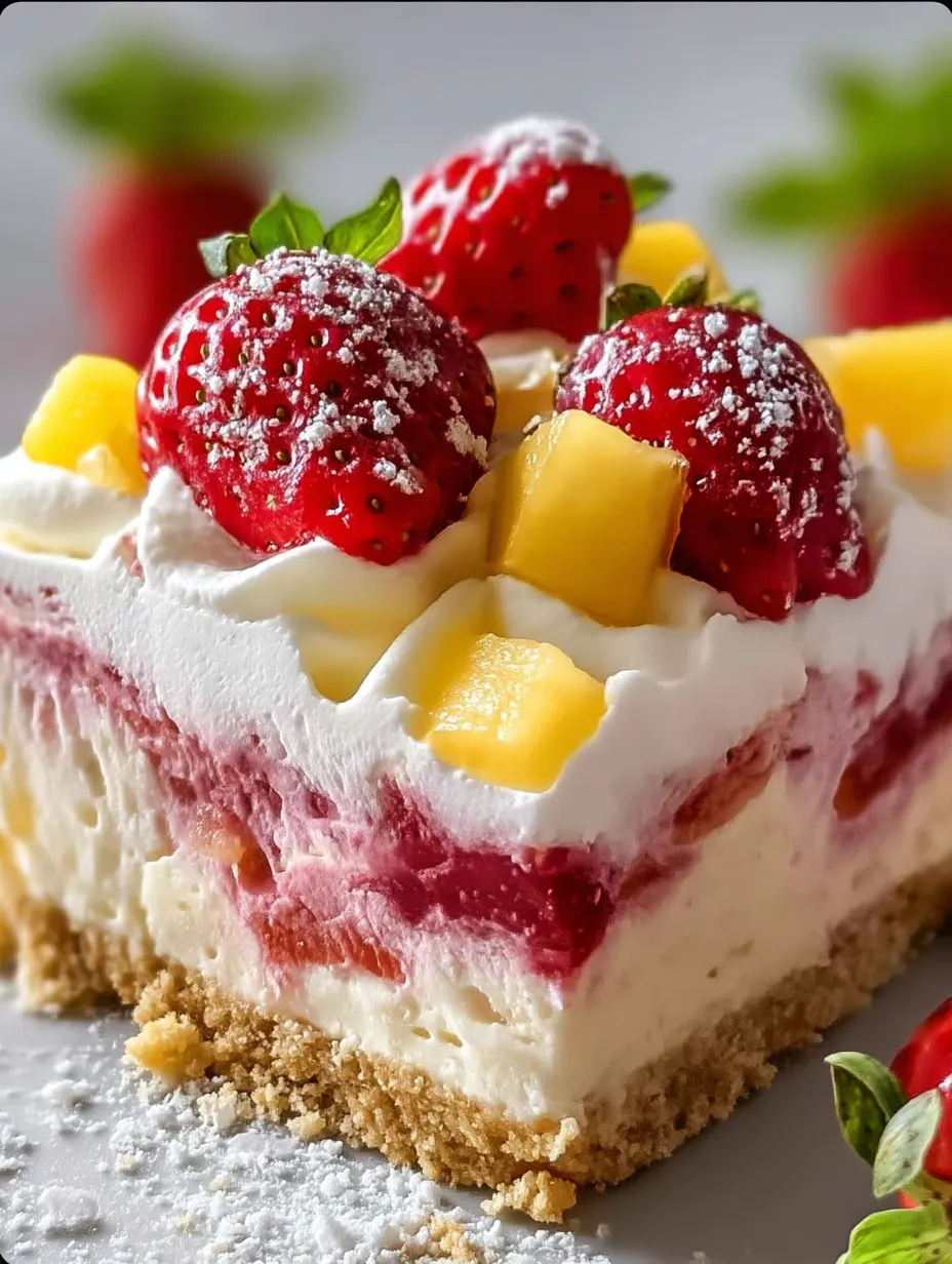 Ein Stück Kuchen mit Erdbeeren und Ananas obendrauf.