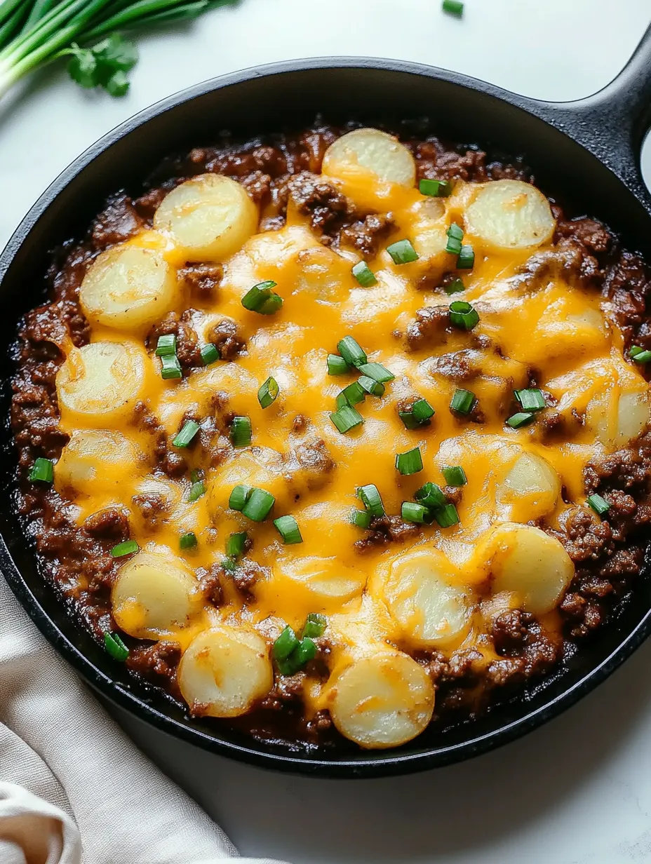 Eine Pfanne mit Rindfleisch und Kartoffeln.