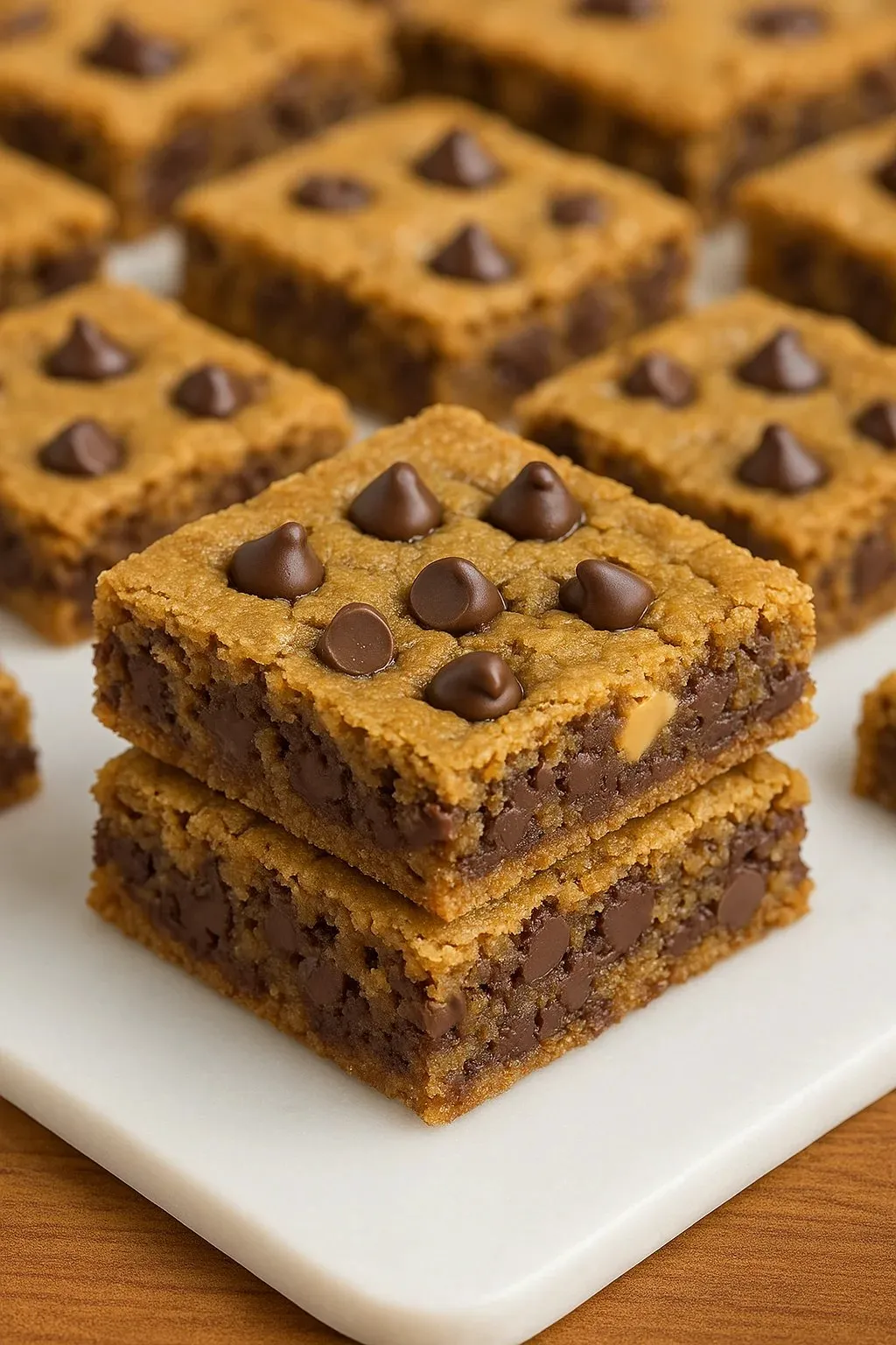 Ein Quadrat Schokoladenkuchen mit Schokostückchen.