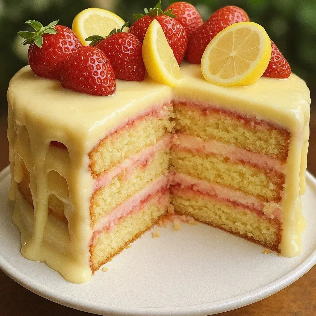 Ein Stück Kuchen mit Erdbeeren und Zitrone obendrauf.