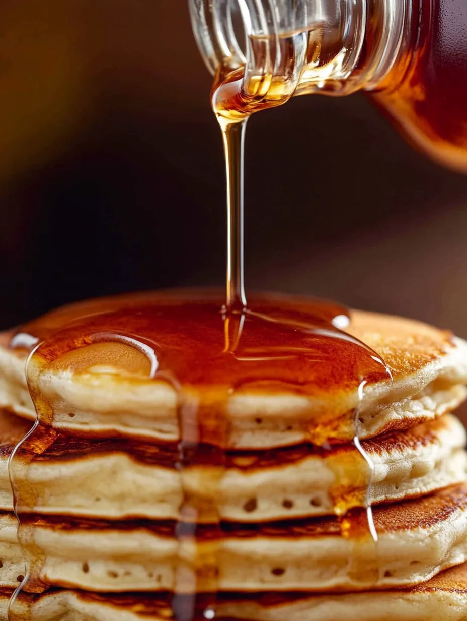 Sirup tropft von einem Stapel Pfannkuchen herunter.