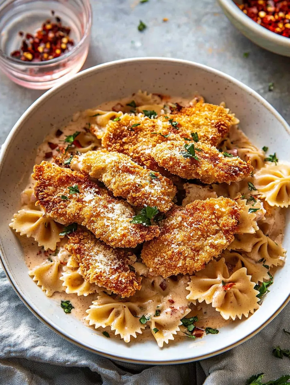 Eine Schüssel Pasta mit Hähnchen und Soße.