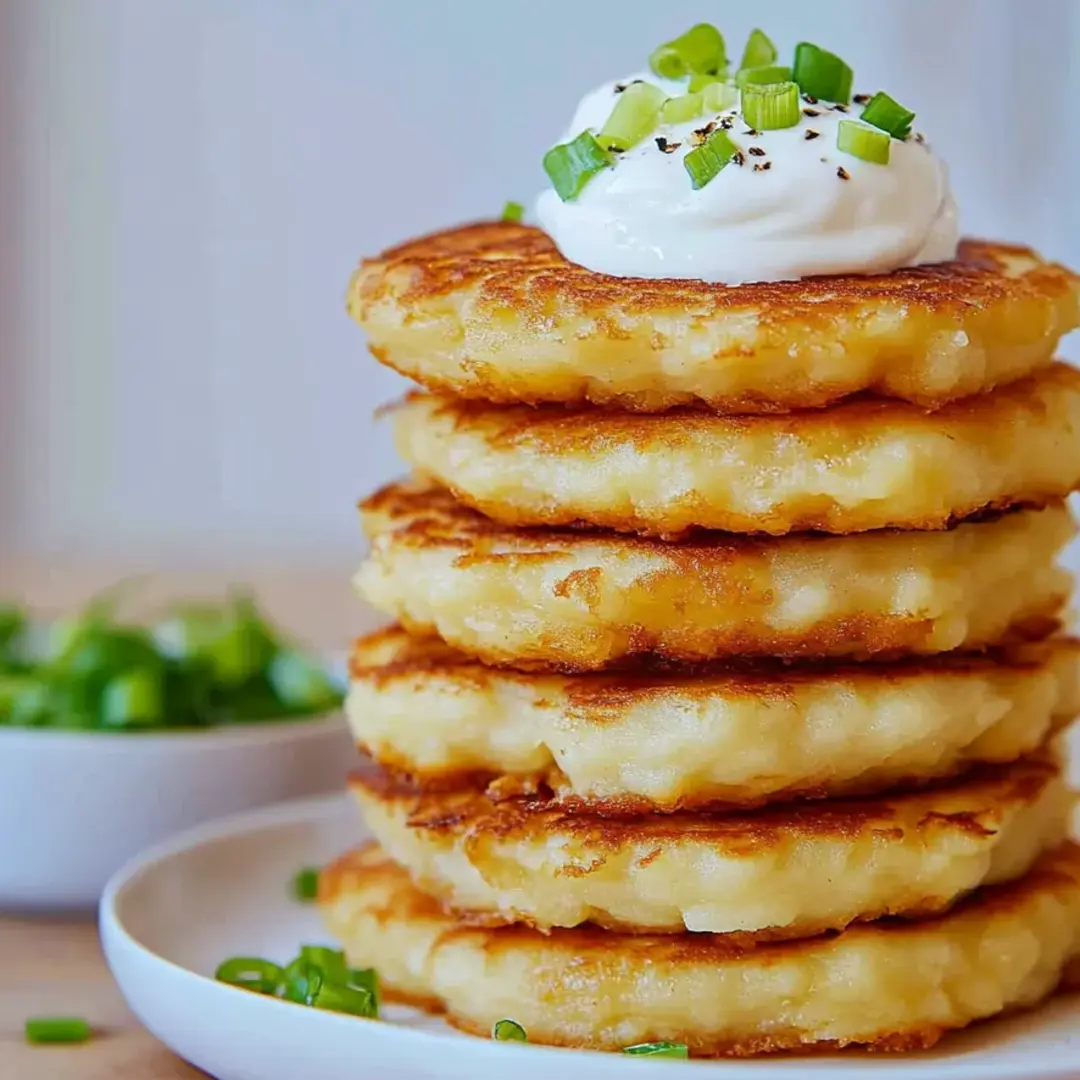 Ein Stapel Puffer mit weißer Sauce obenauf.
