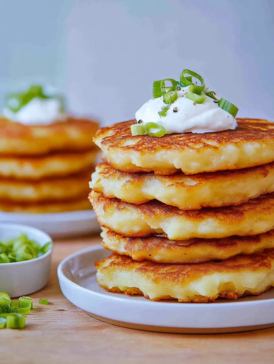 Ein Stapel Kartoffelpuffer mit weißer Creme darauf.