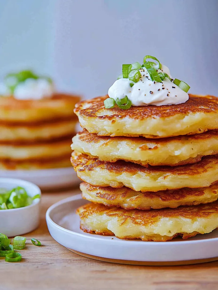 Ein Stapel Kartoffelpuffer mit weißer Soße obendrauf.