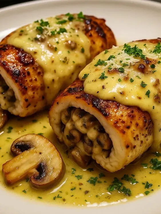 Käsiges Knoblauchbutter-Pilz gefülltes Hähnchen