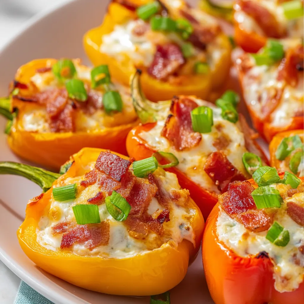 Ein Teller mit gefüllten Paprika und Speck on top.