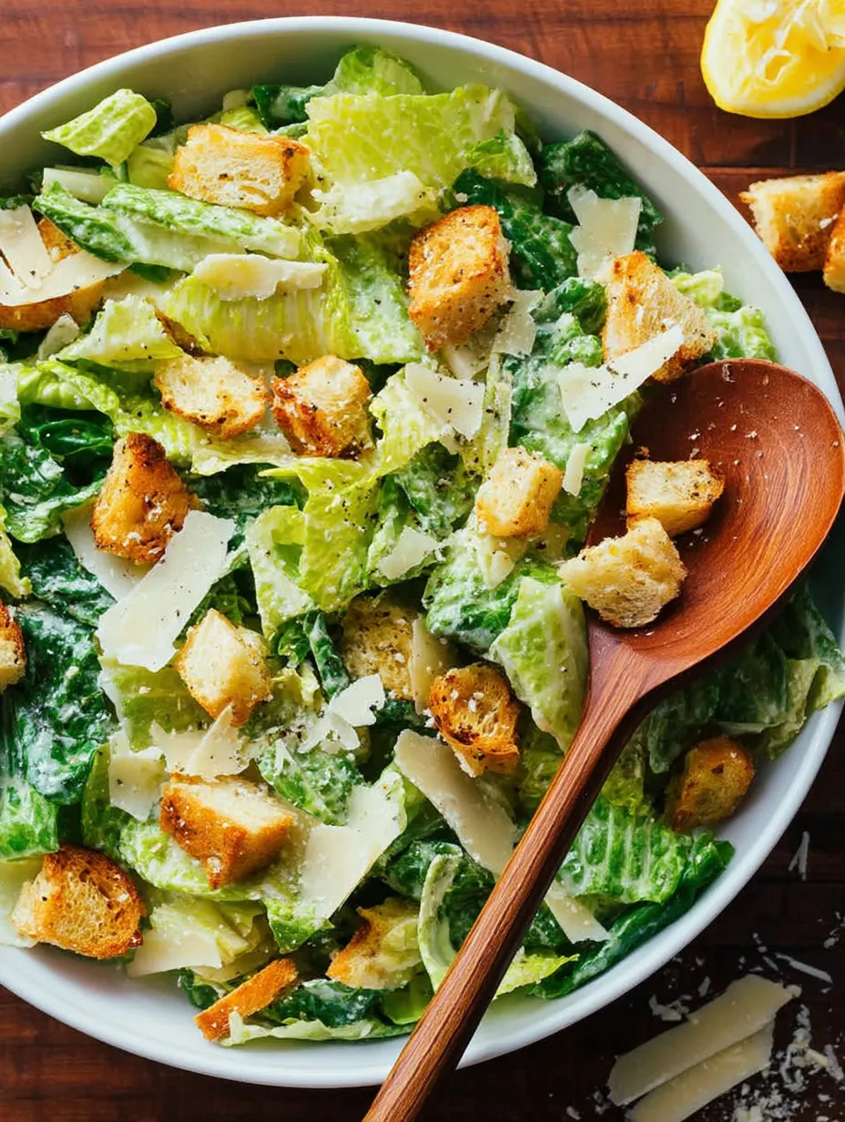 Eine Schüssel Salat mit Croûtons und Käse.