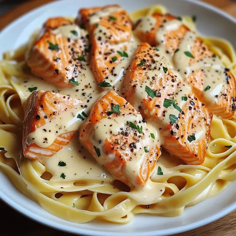 Teller mit Pasta und Lachs.