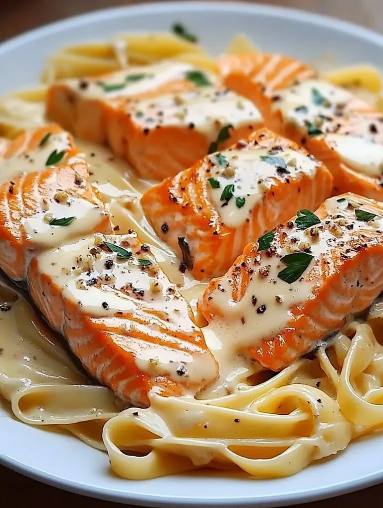 Ein Teller mit Fisch und Nudeln.
