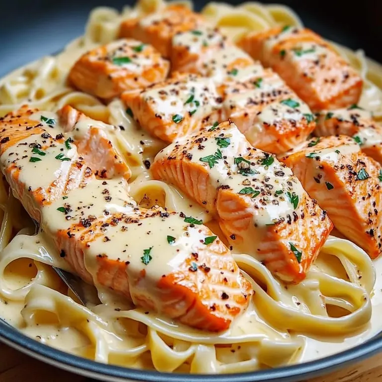 Ein Teller mit Lachs und Pasta.