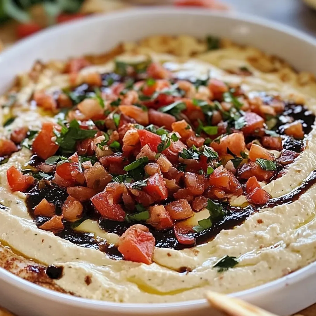 Runde Schale mit cremigem Dip und großen Tomatenstücken aus der Nähe.