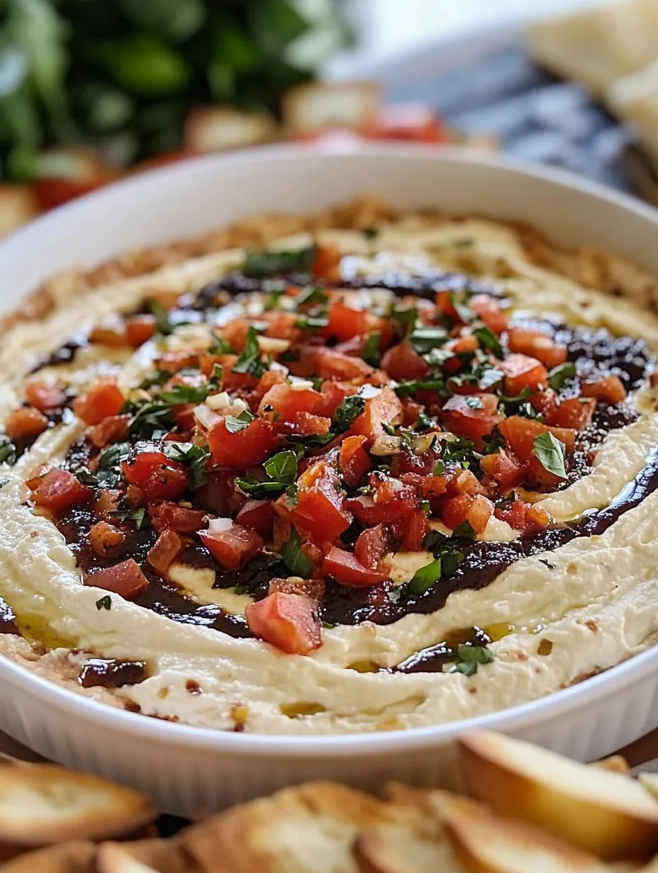 In einer weißen Schüssel sieht man einen cremigen Dip und Tomaten.