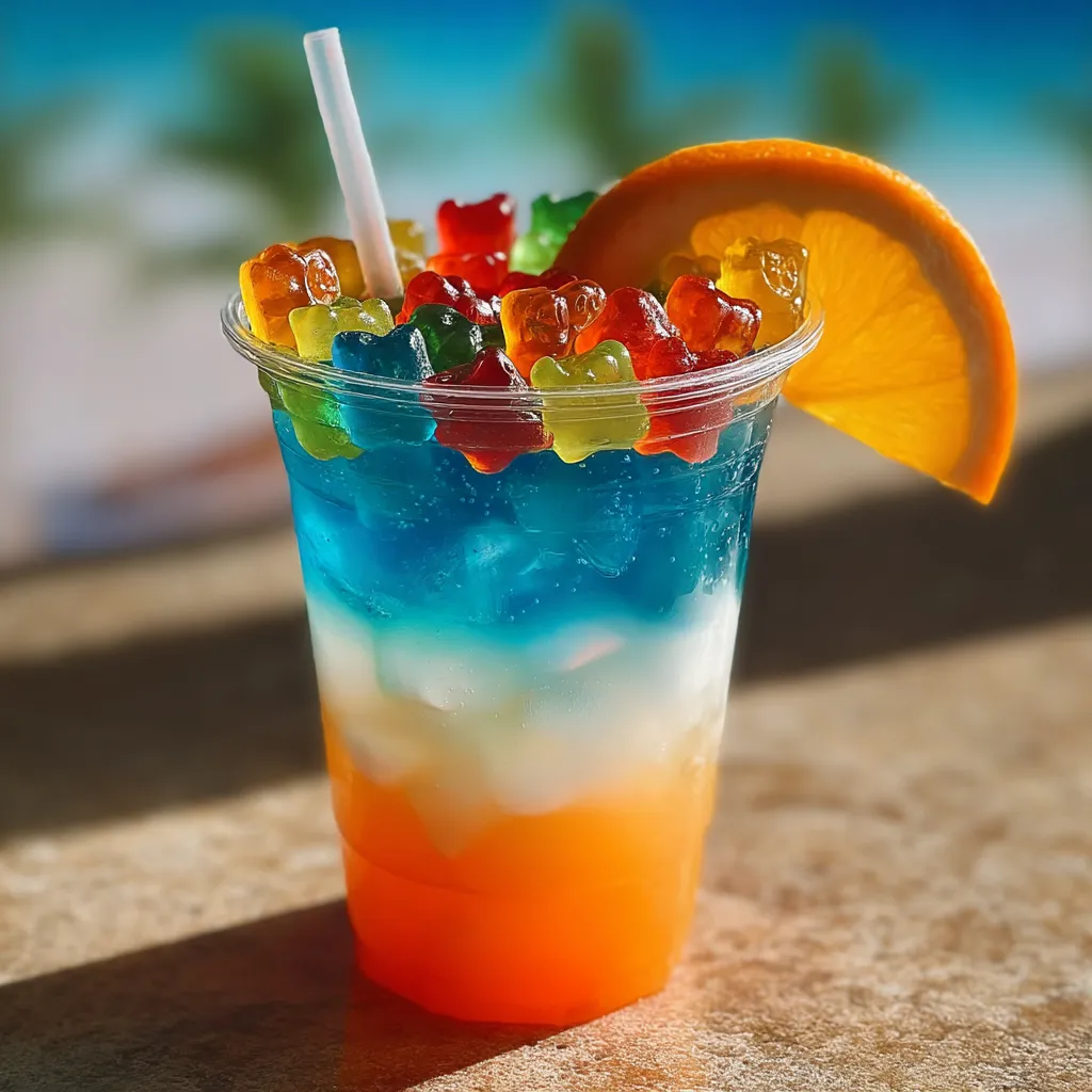 Orangenscheibe schwimmt in fruchtigem Becher.