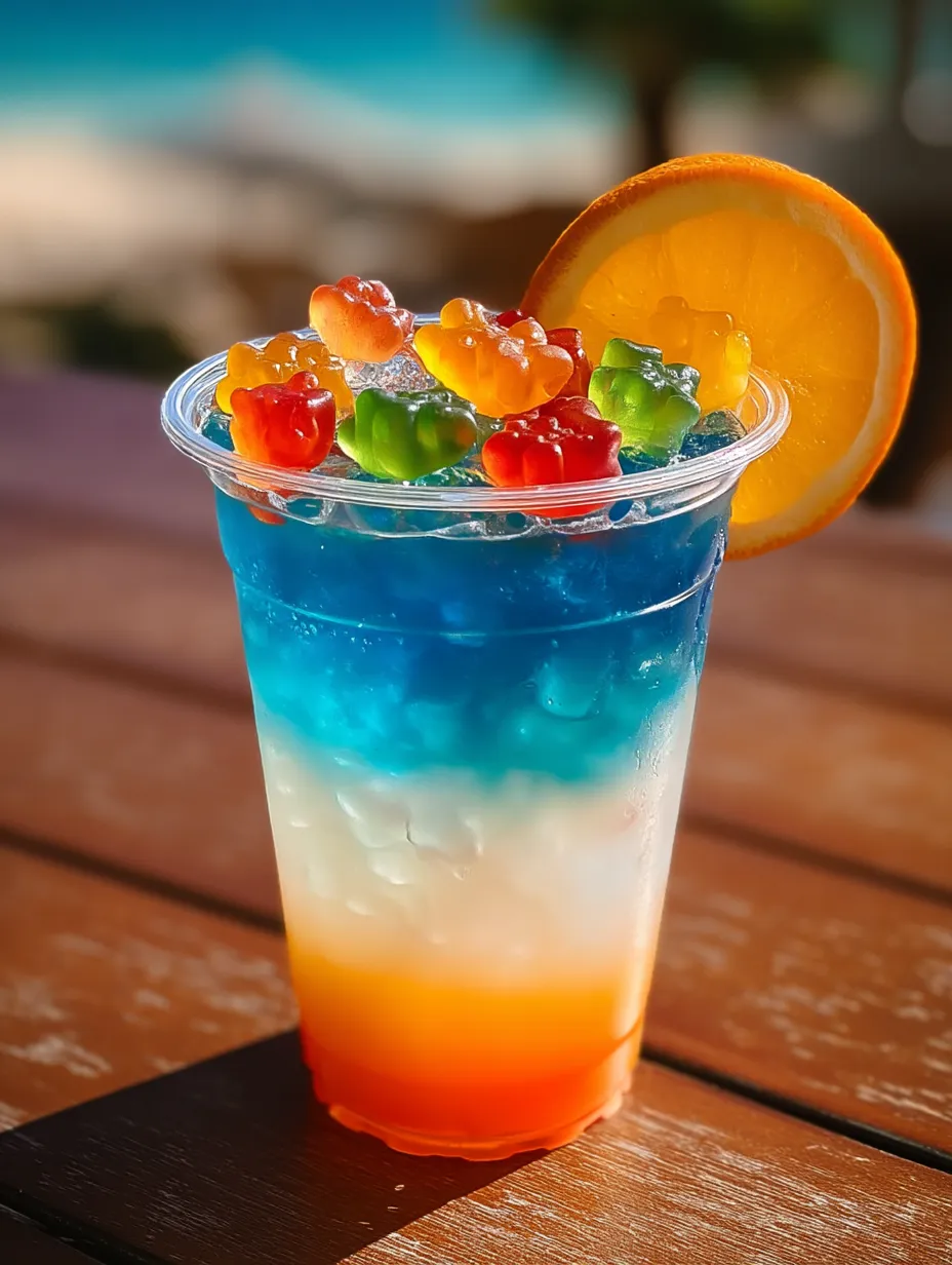 Glas mit Frucht-Drink und Orangenschnitz als Deko obendrauf.