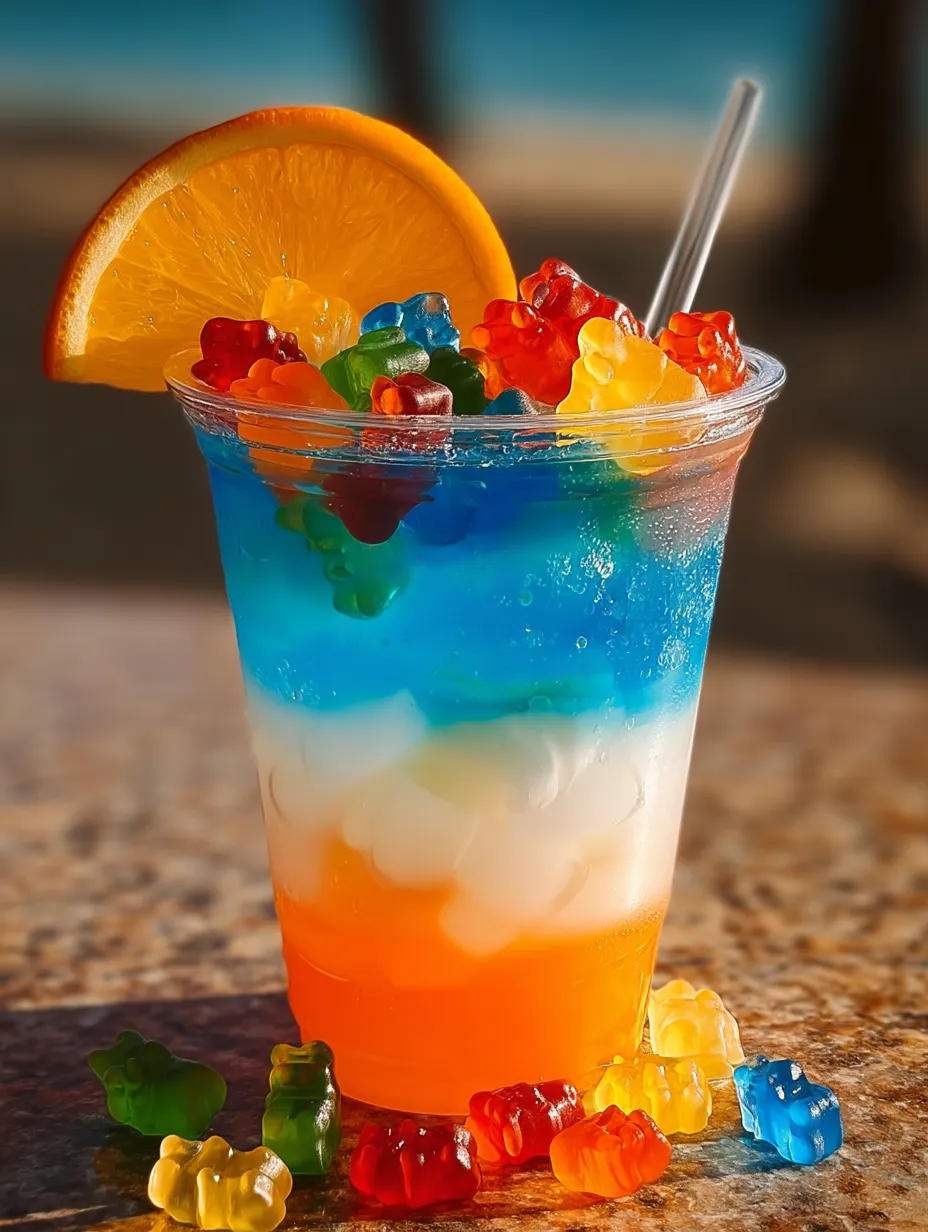 Fruchtpunsch im Becher, obendrauf schwimmen bunte Gummibären.