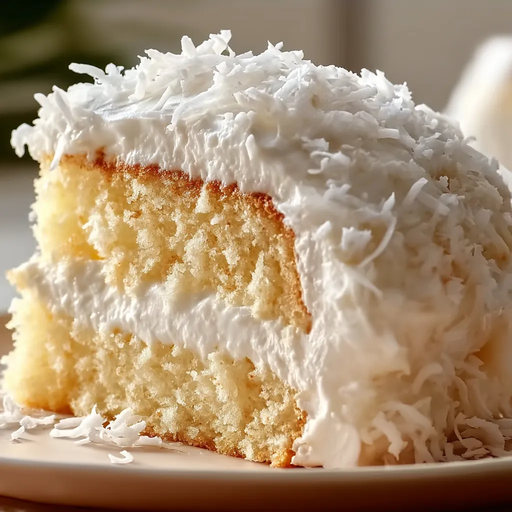 Ein köstliches Stück Kuchen mit weißem Frosting und Kokos obenauf.