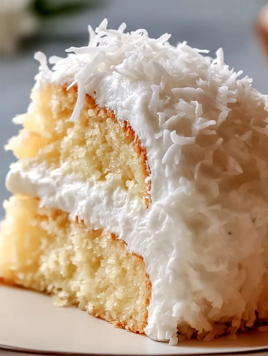 Ein Stück Kuchen mit weißer Glasur und Kokosraspeln obendrauf.
