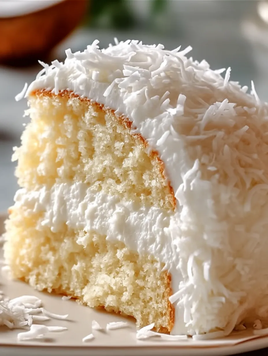 Ein leckeres Stück Kuchen mit weißer Glasur und Kokosraspeln obendrauf.