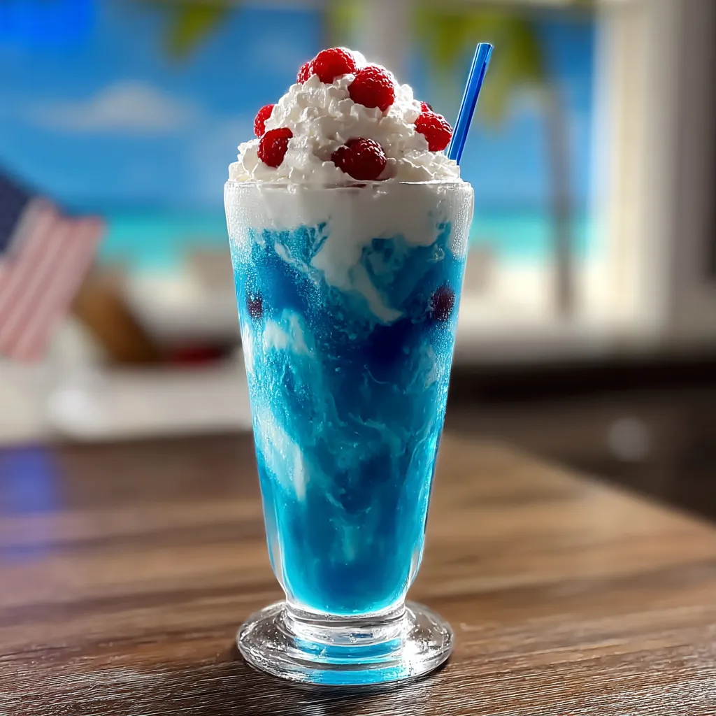 Kräftiger blauer und weißer Drink mit Strohhalm.