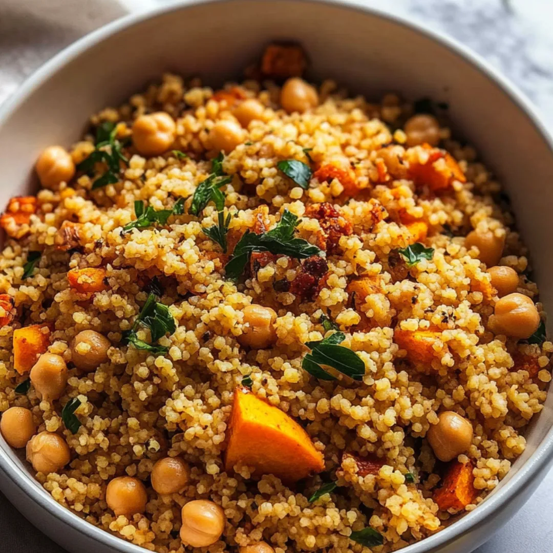 Eine Schale voll mit lockerem Couscous, Gemüse und Kichererbsen.
