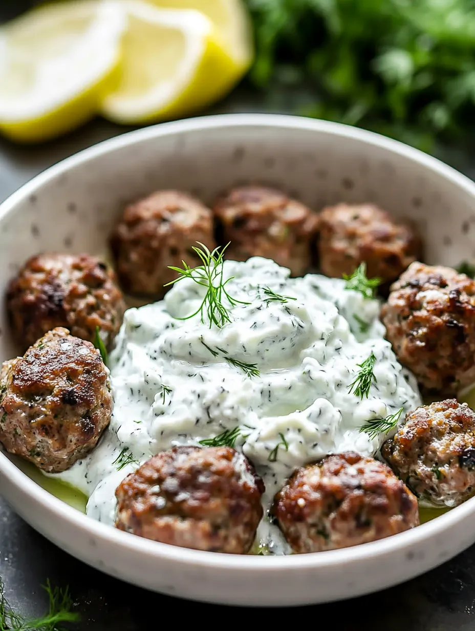 Schüssel mit Fleischbällchen, obendrauf ein Klecks Sauerrahm.