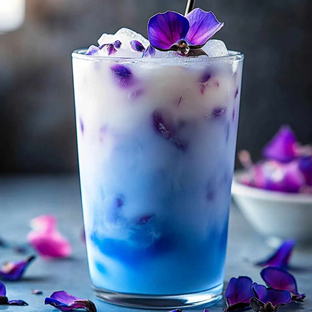 Glas mit blauem Latte und lila Blüten.