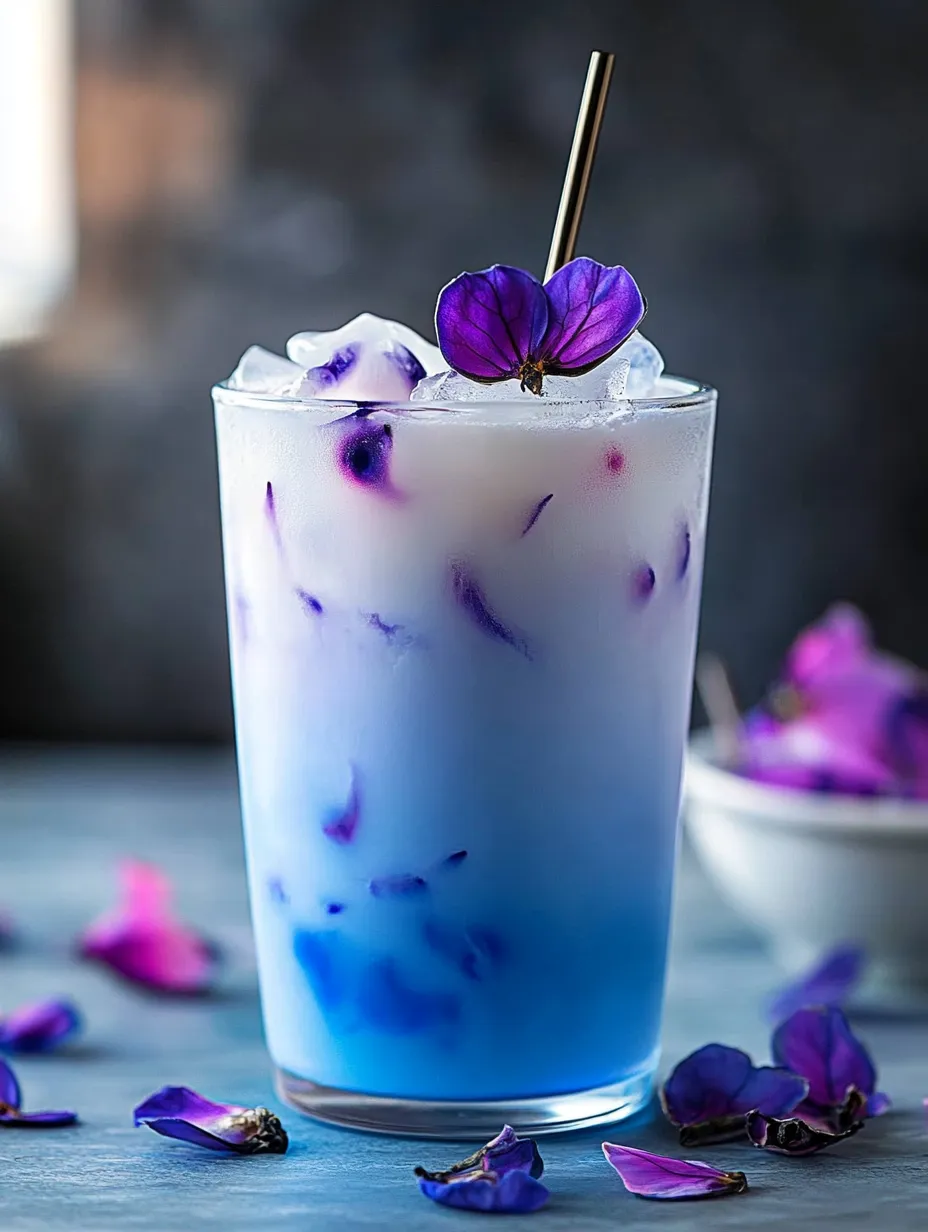 Ein Glas mit blauem Drink, dekoriert mit lila Blüten.