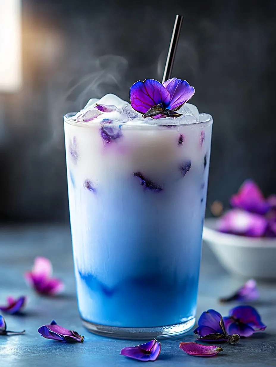 Ein Glas mit blauem Drink, dekoriert mit lila Blüten.
