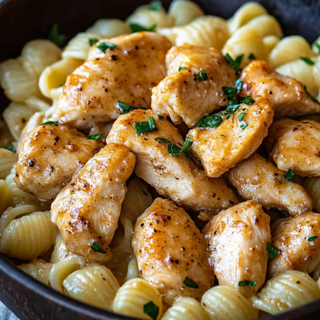Eine Schale Pasta mit Huhn und Kräutern.