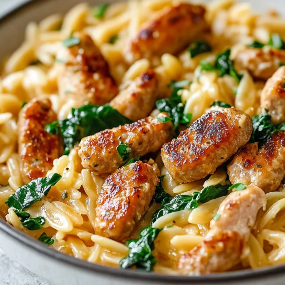 Eine Schüssel Pasta mit Fleischbällchen und Spinat.