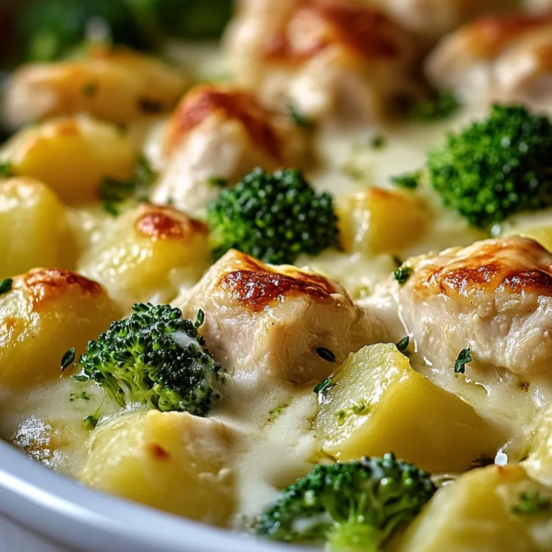 Eine Schüssel mit Huhn, Brokkoli und Kartoffeln.