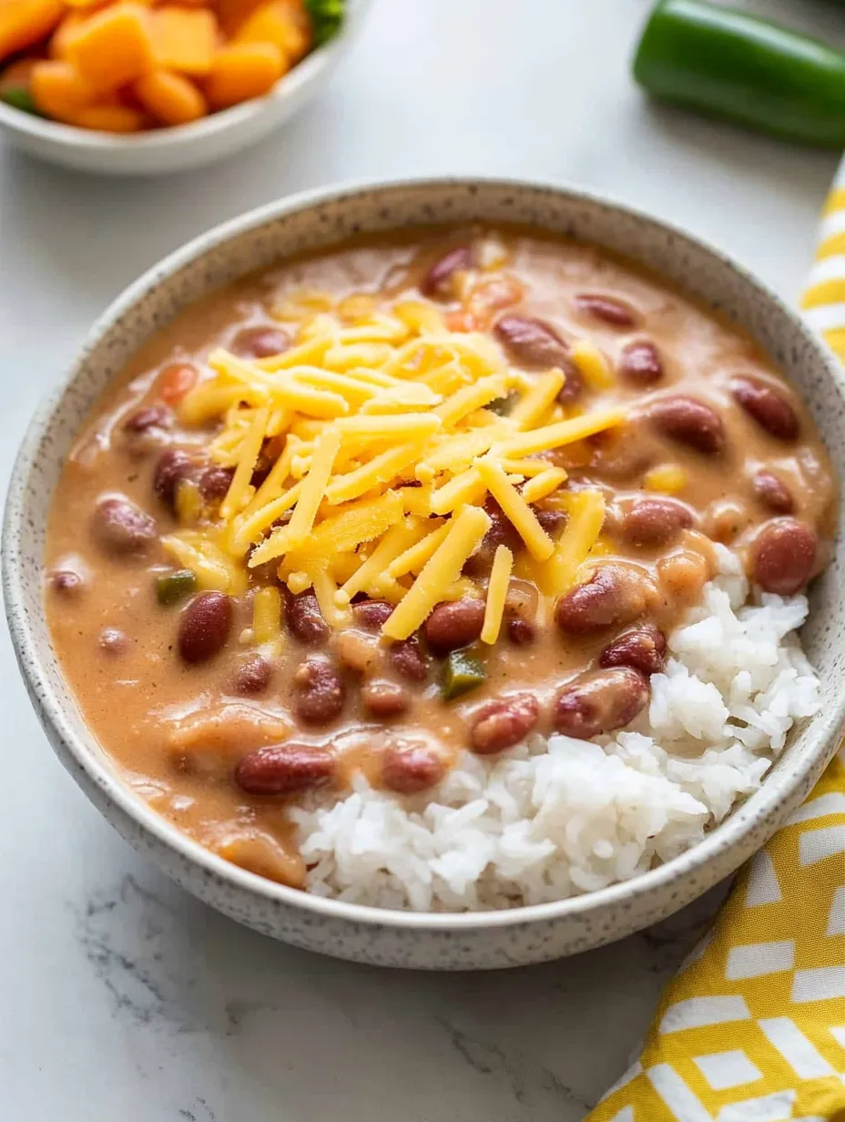 Eine Schüssel Suppe mit Reis und Bohnen.