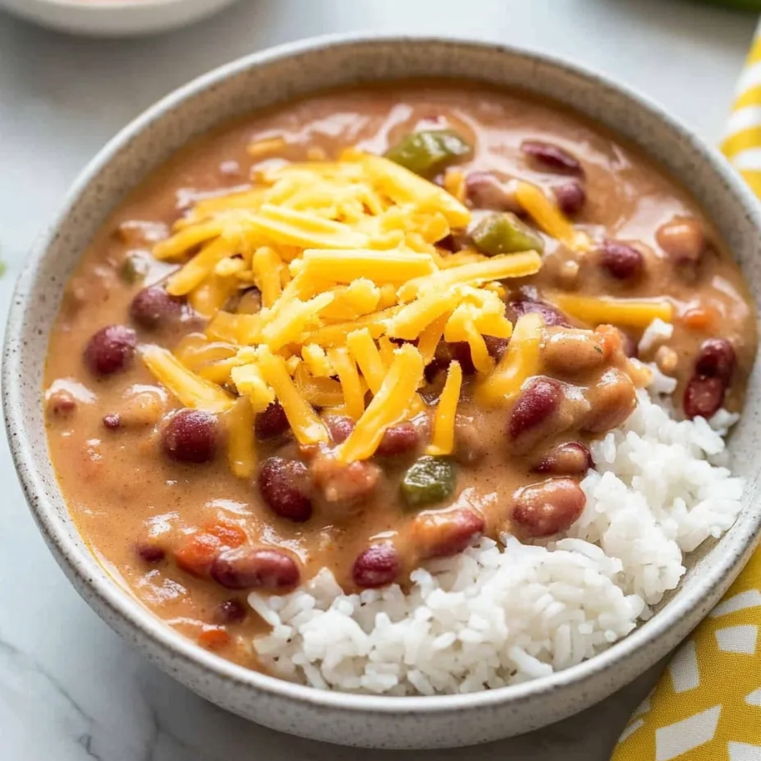 Eine Schüssel Suppe mit Reis und Bohnen.