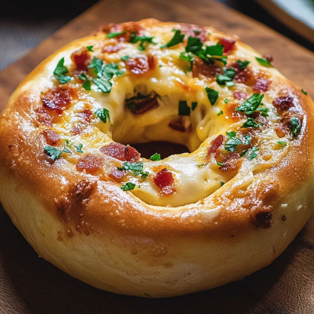 Eine Pizza mit Käse und Speck auf einem Holztisch.