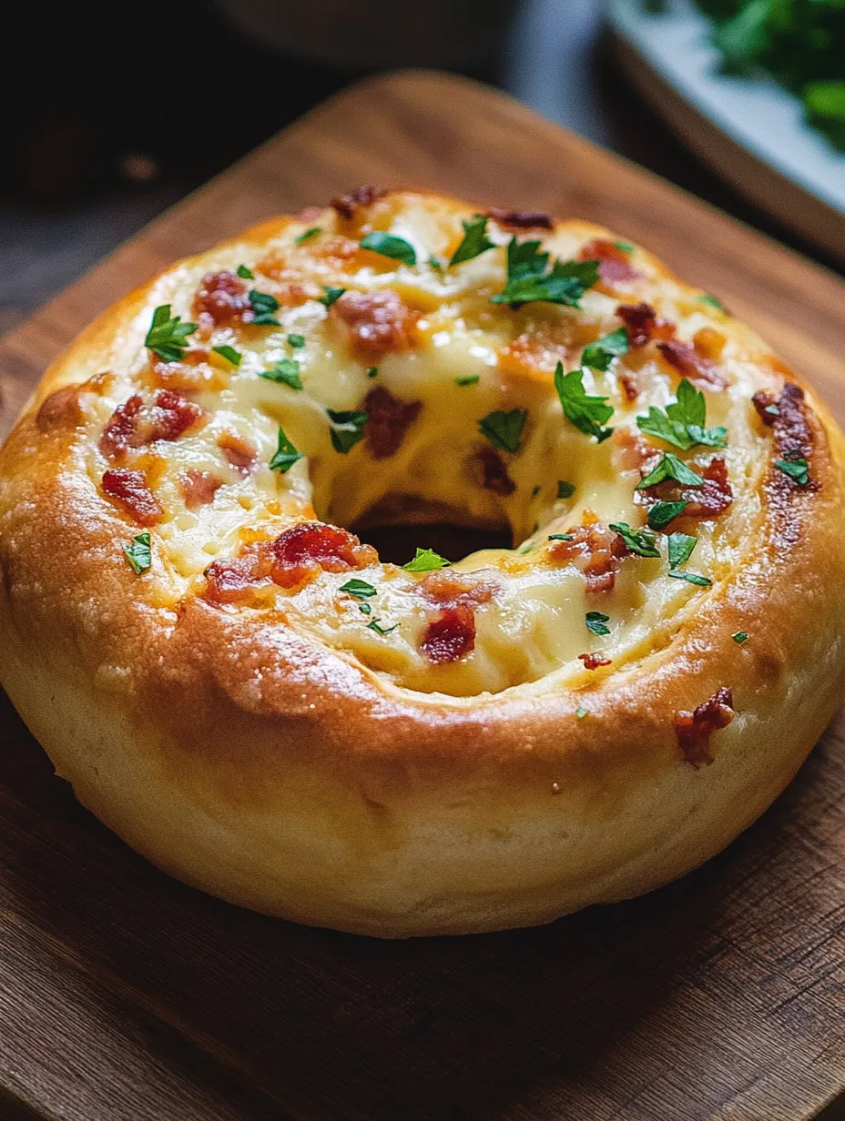 Ein Bagel mit Käse und Speck obendrauf.