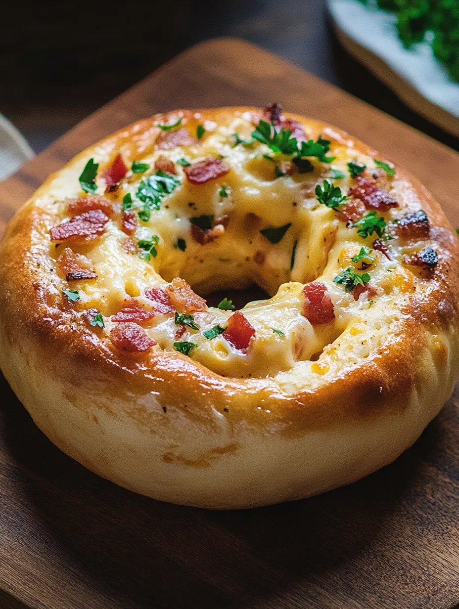 Ein Bagel mit Speck und Käse gefüllt.