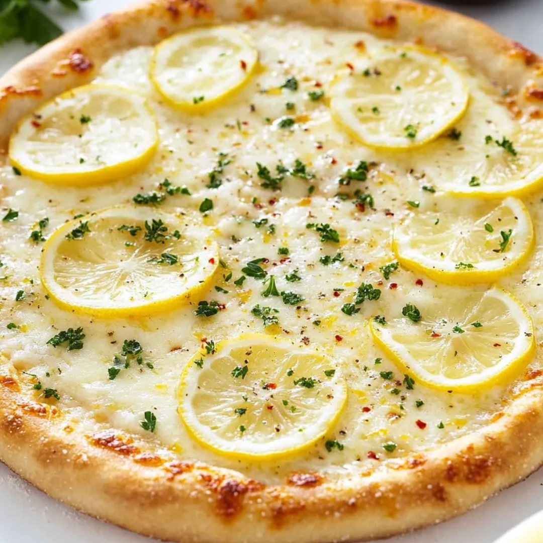 Eine Pizza mit Zitronenscheiben obenauf.