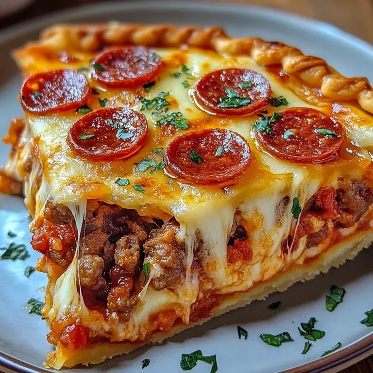 Ein Stück Pastete mit Peperoni und geschmolzenem Käse.