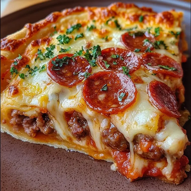 Ein Stück Pizza mit Salami und Käse.