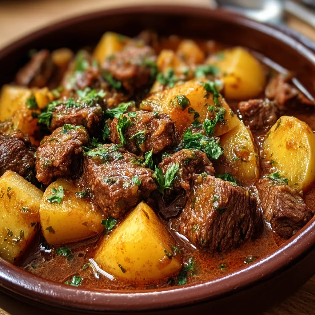Eine Schüssel Rind und Kartoffeln.