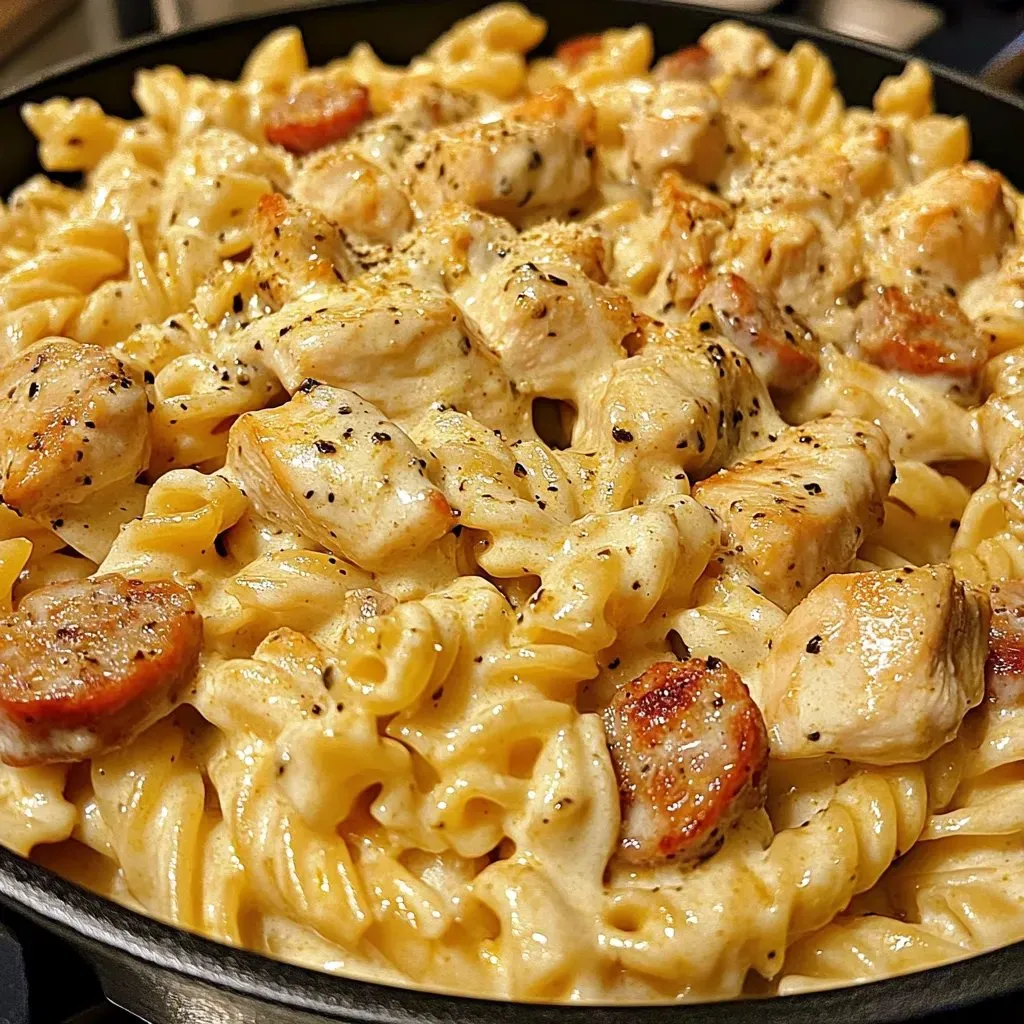 Pfanne mit Pasta, Hähnchen und Wurst.