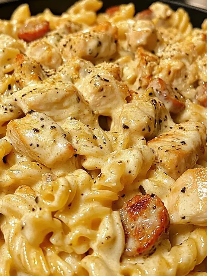Ein Teller mit Pasta, Hähnchen und Tomaten.