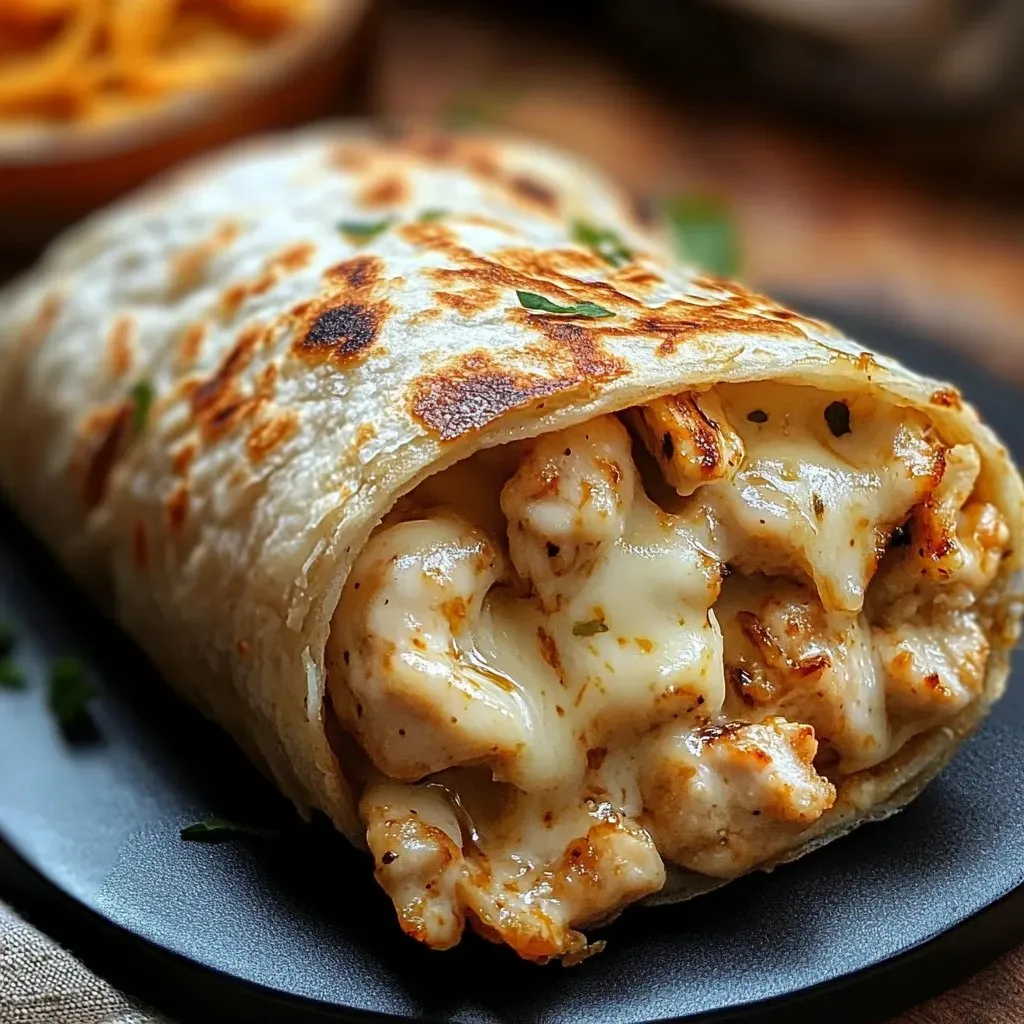 Ein Hähnchen-Burrito auf dem Teller.