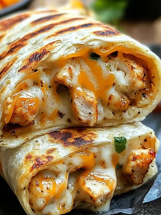 Ein Burrito mit Hähnchen und Käse.