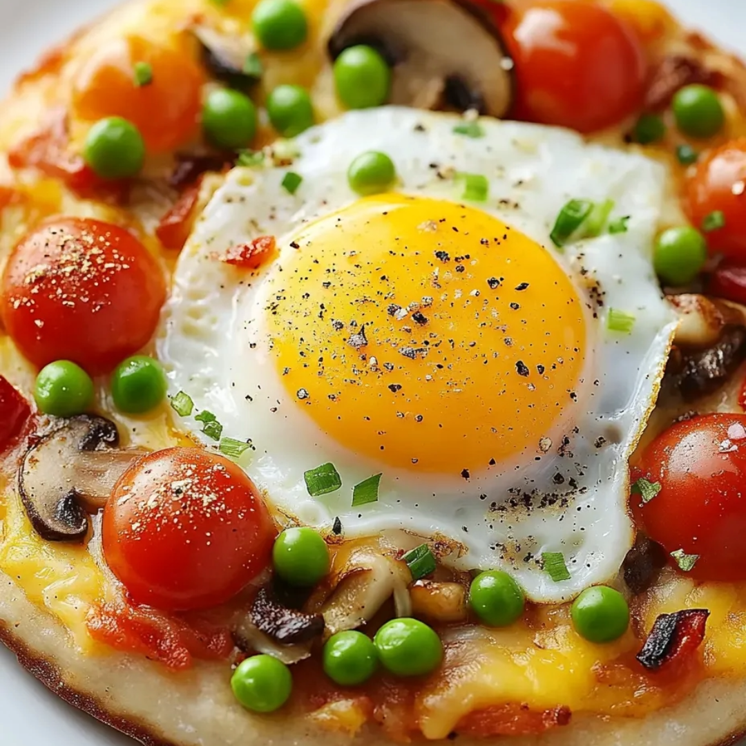 Eine Frühstückspizza mit Spiegelei obendrauf.