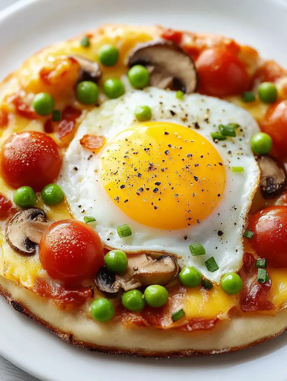 Ein Frühstücksfladen mit Ei, Pilzen, Tomaten und Erbsen.