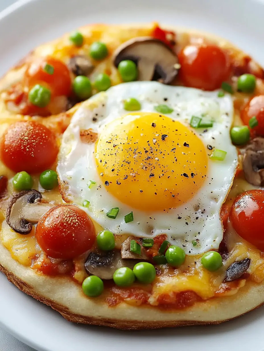 Ein Frühstücksfladen mit Ei, Tomaten, Erbsen und Pilzen.