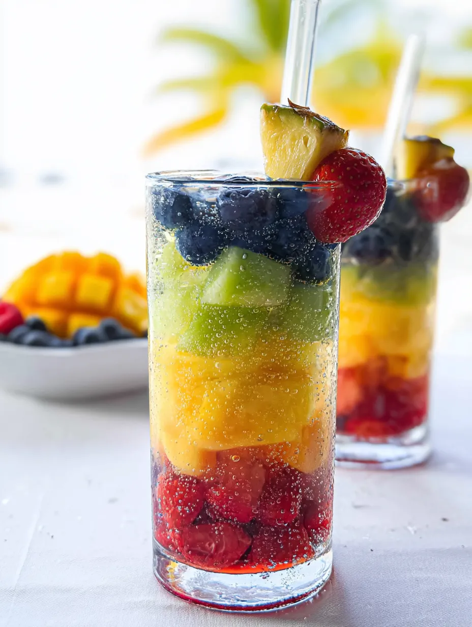 Ein Glas voller Obst mit Erdbeeren und Blaubeeren.